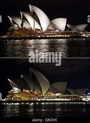 Sydney, Australia. 28 Mar, 2015. Una combinazione di foto mostra la Sydney Opera House con luci accese (sopra) e off (sotto) come segnale per l'inizio dell'Ora della Terra la campagna a Sydney in Australia, 28 marzo 2015. Credito: Xinhua/Alamy Live News Foto Stock