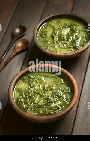 Rustico due ciotole di zuppa di bietole con piccoli cucchiai di legno sul lato, fotografato in legno scuro con luce naturale Foto Stock