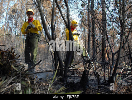 Stati Uniti I soldati dell esercito dalla Florida esercito Guardia Nazionale lavoro per prevenire un incendio da reigniting Maggio 15, 2007, a ovest di Camp Blanding Centro comune di formazione in Florida. I soldati sono di supporto della divisione della Florida di silvicoltura. Pfc. Michael Baltz, U.S. Esercito. Foto Stock