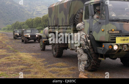 Durante un convoglio esercitazione, un gate guard verifica dei veicoli in uscita a Dillingham Airfield, Hi. L'esercizio è stata condotta durante la seconda Squadrons 6° reggimento di cavalleria xxv combattere la Brigata Aerea Field Training esercizio FTX dove i soldati di condotte operazioni di combattimento e punte di missione. Sgt. Bryanna Poulin xxv combattere la Brigata Aerea Affari pubblici Foto Stock