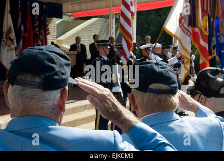Dei veterani di guerra coreana salutare la bandiera americana nel corso di una cerimonia al Pentagono che segna il sessantesimo anniversario dell inizio della guerra di Corea, Arlington, Virginia, Giugno 24, 2010. Foto dell'esercito da D. Myles Cullen rilasciato Foto Stock