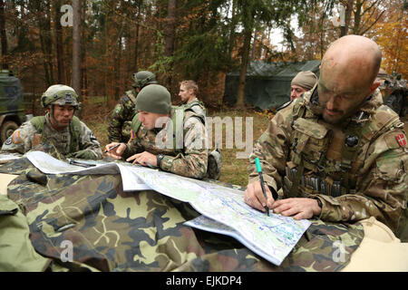 Un U.S. Soldato, a sinistra del secondo battaglione, dodicesimo reggimento di cavalleria, 1° Brigata Team di combattimento, 1° Divisione di cavalleria, un soldato armeno, centro e un soldato danese di aggiornare le informazioni della mappa durante l esercizio fisico combinato risolvere III presso la multinazionale comune disponibilità centro in Hohenfels, Germania, nov. 7, 2014. Risolvere combinato III è una multinazionale di esercizio, che include oltre 4.000 partecipanti provenienti da la NATO e i paesi partner, ed è progettata per fornire un complesso scenario di addestramento che si concentra sulle multinazionali terra unificata operazioni e rafforza l'impegno degli Stati Uniti per la NATO e per l'Europa. Spc. Gio Foto Stock