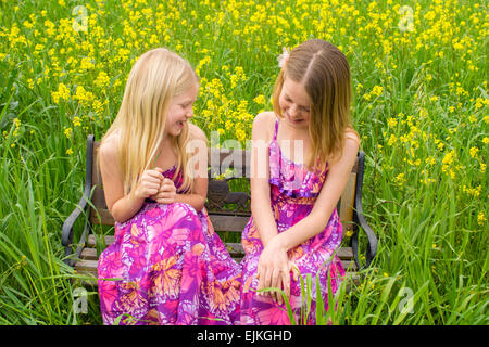 Due sorelle ridere insieme mentre è seduto su una panchina in un campo di fiori gialli. Foto Stock