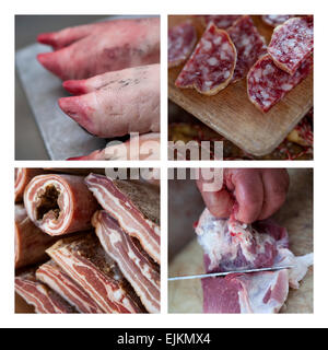 Varie La carne di maiale in una macelleria su un collage Foto Stock