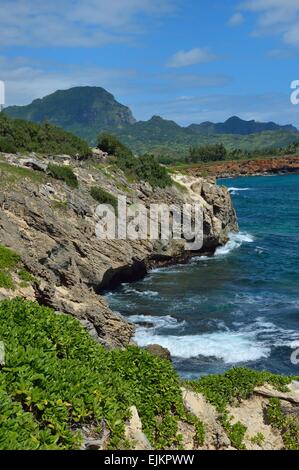 Spiaggia bluff view e crashing surf lungo la Mahaulepu Heritage Trail vicino a Poipu Beach, Kauai, Hawaii Foto Stock