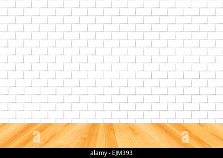 Pavimento in legno e mattoni bianchi sullo sfondo di parete Foto Stock