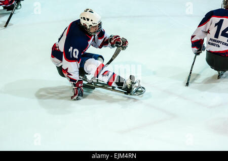 ORENBURG, regione di Orenburg, Russia - 7 February 2015: prestazioni pubbliche Orenburg ice sledge hockey club 'falchi' nel quadro del tutto-russo giornata di sport invernali, dedicata all'anniversario della XXII Giochi Olimpici Invernali e XI Giochi Paralimpici Invernali del 2014 in Sochi Foto Stock