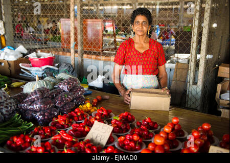 Donna vendita di produrre al mercato, Nieuw-Nickerie, Suriname Foto Stock