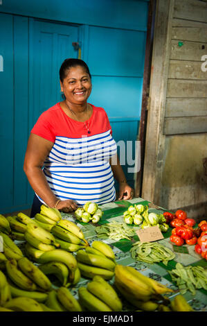 Donna vendita di produrre al mercato, Nieuw-Nickerie, Suriname Foto Stock