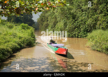 Barca in un canale che conduce a Bigi Pan, vicino Nieuw Nickerie, Suriname Foto Stock