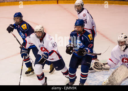 ORENBURG, regione di Orenburg, Russia, 19 ottobre, 2014 anno. Junior Hockey League match del campionato Junior-Gazprom dobycha Orenburg (Orenburg) - Siluro (Nizhny Novgorod) Foto Stock