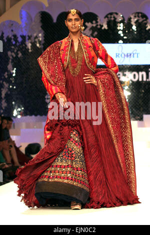 New Delhi, India. 29 Mar, 2015. Un modello consente di visualizzare una creazione durante il gran finale di Amazon India Fashion Week di New Delhi, India, 29 marzo 2015. © Partha Sarkar/Xinhua/Alamy Live News Foto Stock