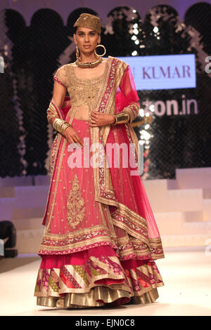 New Delhi, India. 29 Mar, 2015. Un modello consente di visualizzare una creazione durante il gran finale di Amazon India Fashion Week di New Delhi, India, 29 marzo 2015. © Partha Sarkar/Xinhua/Alamy Live News Foto Stock