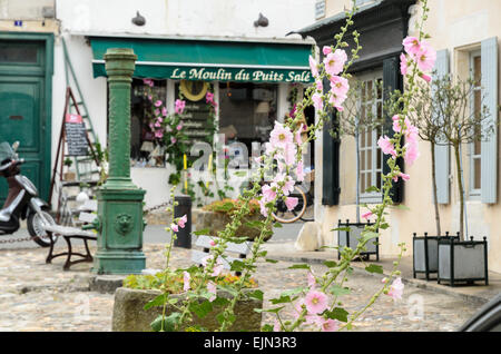 Hollyhocks crescere nella parte anteriore di una pompa vintage e il negozio in St Martin de Re. Ile de Re, Francia Foto Stock