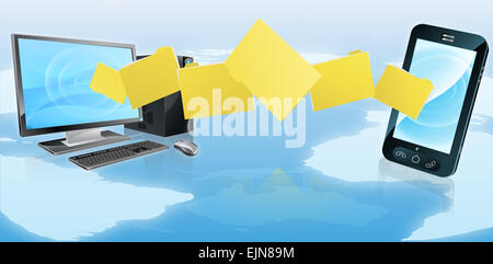 Computer mobile phone file concetto di trasferimento di file o cartelle in movimento tra un computer portatile e il telefono cellulare potrebbe essere sync Foto Stock