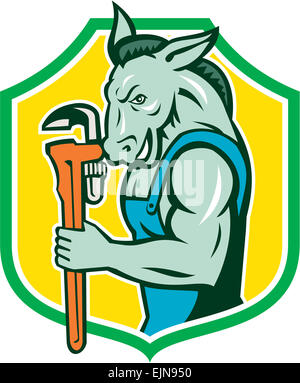 Illustrazione di un asino plumber mascotte holding Monkey Wrench visto dal lato impostato all'interno della protezione crest fatto in stile retrò. Foto Stock