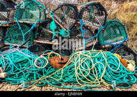 Fishermans Astici granchi pentole e corde in Lackbeg, vicino Burtonport County Donegal Irlanda Foto Stock