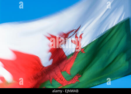 Welsh bandiera al vento sul cielo azzurro sfondo, Cardiff, Galles, UK, GB UE, Europa Foto Stock