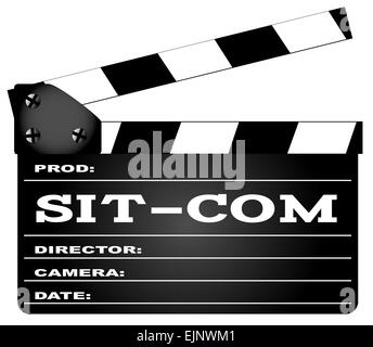 Un tipico film clapperboard con la legenda sit com isolato su bianco. Foto Stock
