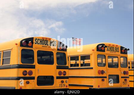 Fila di American School Bus, STATI UNITI D'AMERICA Foto Stock