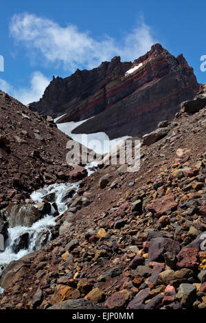 O01808-00...OREGON - Creek debordi morena sotto il cratere del lago ed il vertice di rotture di Top in tre sorelle deserto. Foto Stock