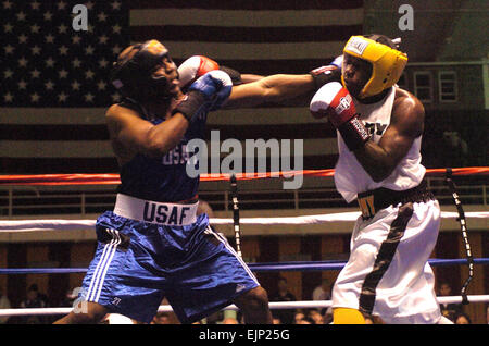 SpencerVsEllison.jpg Tim Hipps, Famiglia e comando MWR Febbraio 13, 2008 Spc. Jeffrey Spencer di Fort Carson, Colo., prevale 10-6 sulla Capt. Rodney Ellison Jr. di F.E. Warren Air Force Base, Wyo., nella 178-pound finale del 2008 le Forze Armate campionati di inscatolamento 7 Febbraio al Marine Corps base Camp Lejeune, N.C. Foto Stock