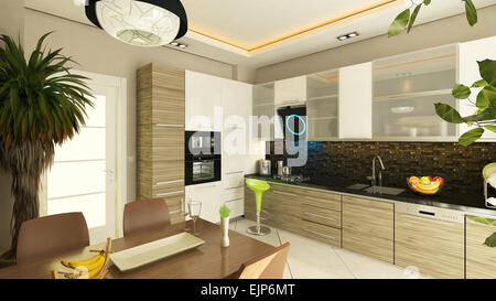 3D rendering moderna cucina design con armadio ad incasso Foto Stock