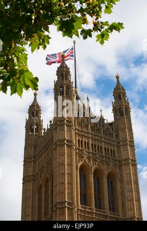 Incorniciato da sicomoro lascia Cambridge Chiesa torre battenti bandiera dell'Union Jack Regno Unito Torre di Victoria Charles Barry Foto Stock