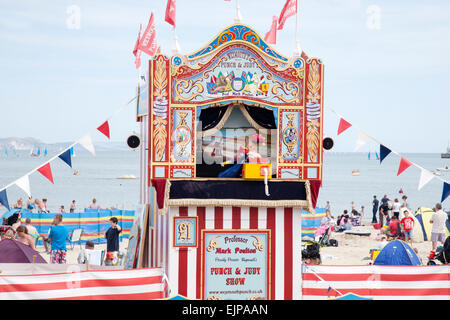 Punch e Judy Show, Spiaggia di Weymouth Dorset, Foto Stock