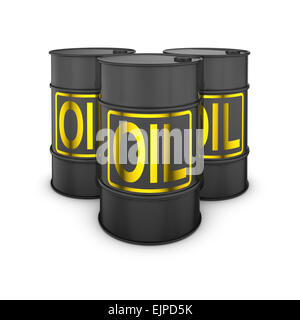 Il nero di barili con iscrizione oro olio 3D render Foto Stock