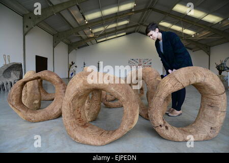 Wakefield, Regno Unito. Il 30 marzo 2015. YSP's Kerry Chase è mostrato guardando quindici fori (1981) dallo scultore Nicola Papa quali funzioni nello Yorkshire Sculpture Park di ultima mostra intitolata "Rendere: scultura in Gran Bretagna 1977-1986. L'esposizione in base all'Longside Gallery a Yorkshire Sculpture Park si apre il 1 aprile 2015 fino al 21 giugno 2015. Immagine: Scott Bairstow/Alamy Foto Stock