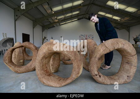 Wakefield, Regno Unito. Il 30 marzo 2015. YSP's Kerry Chase è mostrato guardando quindici fori (1981) dallo scultore Nicola Papa quali funzioni nello Yorkshire Sculpture Park di ultima mostra intitolata "Rendere: scultura in Gran Bretagna 1977-1986. L'esposizione in base all'Longside Gallery a Yorkshire Sculpture Park si apre il 1 aprile 2015 fino al 21 giugno 2015. Immagine: Scott Bairstow/Alamy Foto Stock