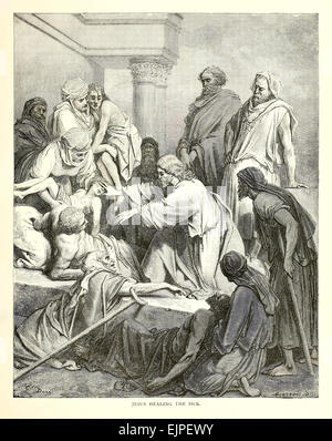 "Jesus Healing the Sick" 1880 illustrazione dell'artista francese Paul Gustave Doré (1832-1883) che mostra Gesù circondato dagli infermi e dagli afflitti, estendendo le mani in miracolosi atti di compassione e restauro. Fotografia tratta da un'edizione originale della Bibbia del 1880 illustrata da Gustave Doré. Crediti: Collezione privata / AF fotografie Foto Stock
