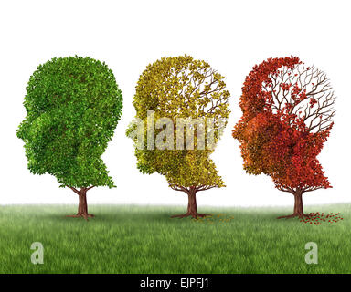 La perdita di memoria e invecchiamento cerebrale dovuto a demenza e morbo di Alzheimer come un medico di icona di un gruppo di cambio colore autunno cadono alberi a forma di una testa umana perde le foglie come funzione di intelligence su uno sfondo bianco. Foto Stock