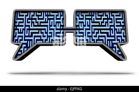 Social media gruppo di soluzione come due fumetti realizzati con un labirinto o pattern a labirinto collegati insieme come un successo di comunicazione concetto su uno sfondo bianco. Foto Stock