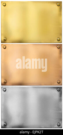 Argento, oro, bronzo lastre metalliche con rivetti impostare isolato Foto Stock