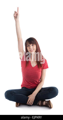 Donna seduta alzando il suo braccio con il numero uno segno Foto Stock