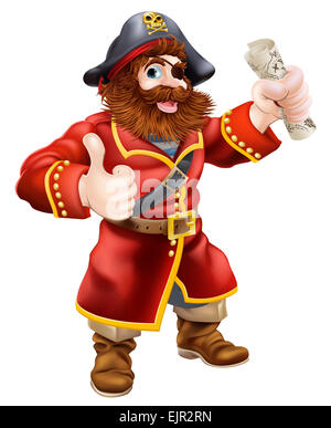 Una illustrazione di un cartone animato pirate facendo un pollice in alto e tenendo un tesoro di scorrimento mappa Foto Stock