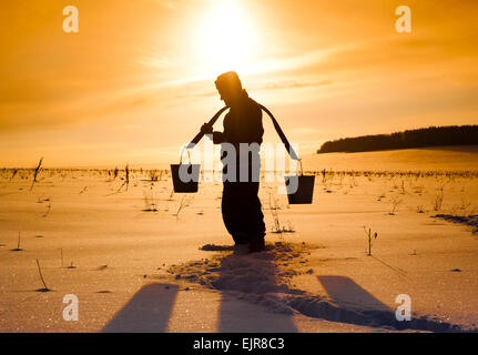 Silhouette di Mari uomo che porta secchi su forcella tradizionale nel campo nevoso Foto Stock