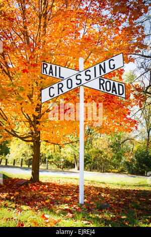 Un attraversamento ferroviario firmare con un colorato luminosamente autumn tree; Delware e Raritan Canal State Park, New Jersey Foto Stock