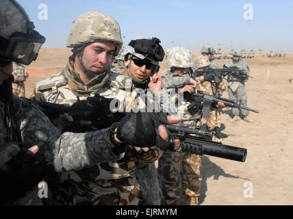 Soldati della quarta brigata Team di combattimento, 1° Divisione di cavalleria, dimostrare come far funzionare una M-4 carbine durante un esercizio di formazione con truppe dal 341 rumeno battaglione di fanteria durante un cross-evento di formazione a Bardia poligono di tiro nei pressi di COB sommatore, Iraq. Pfc. Terence Ewings Foto Stock