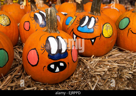 Piccole zucche sono dipinte con facce buffe per Halloween Foto Stock