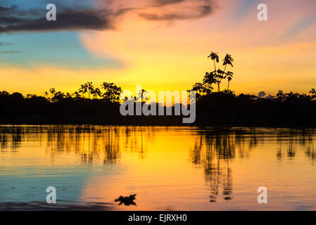 Tramonto colorato nel profondo della foresta pluviale amazzonica del Perù Foto Stock