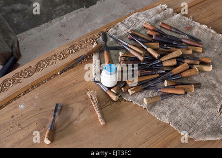 Chiang Mai, Thailandia del Nord, hardwood carving tools Foto Stock