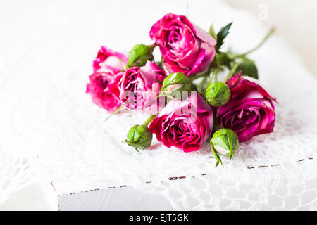 Le rose rosa su Centrino a crochet. Arredamento Vintage concept Foto Stock