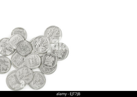 Pila di Rand Sudafricano delle monete in euro Foto Stock