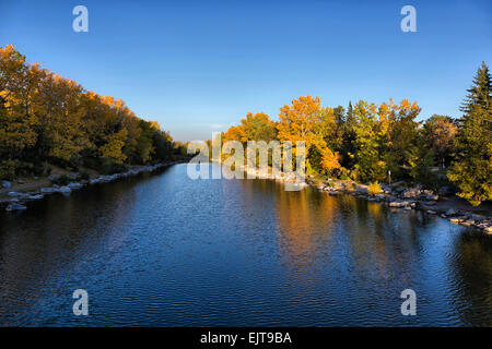 Su un soleggiato, autunno mattina, un tranquillo Fiume Bow a Calgary, Principe Island Park Foto Stock