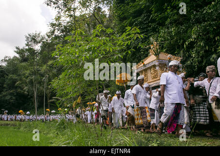 Bali, Indonesia. 1 apr, 2015. Balinese devoti Hindu portano "Pratima' o un simbolo di Dio voce alla molla di acqua per la pulizia cerimonia chiamato 'M' elasticità a Karangasem Regency di Bali. Questa volta in un anno il rituale di purificazione di 'Pratima ' e altri ornamenti sacri si terrà a purificare umano e universo prima di una luna piena cerimonia si trova presso il Gran Tempio di Besakih. Credito: Johannes Christo/Alamy Live News Foto Stock