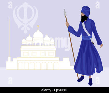 Una illustrazione di un Khalsa Sikh in piedi di fronte a un gurdwara indossando indumenti di colore blu e tenendo una lancia Foto Stock