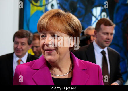 Marzo 11, 2015 - Berlino: il Cancelliere tedesco Angela Merkel in occasione di una conferenza stampa dopo un incontro con i leader di global financial Foto Stock